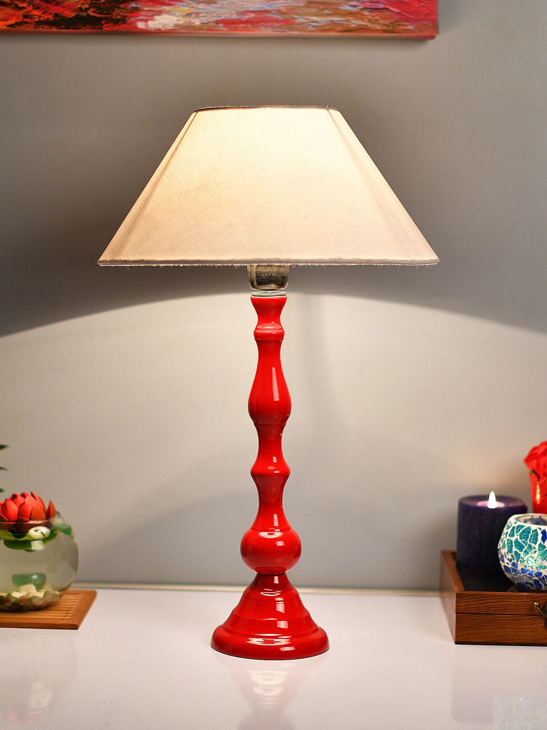 Homesake Red & White Solid Bedside Standard Table Lamp with Shade Price in India