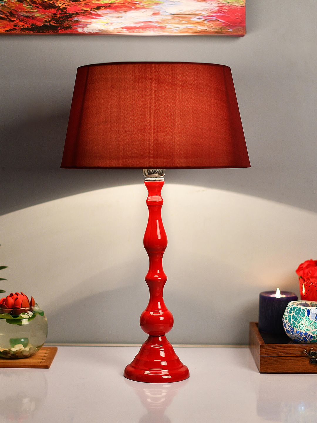 Homesake Red Solid Handcrafted Bedside Standard Lamp Price in India