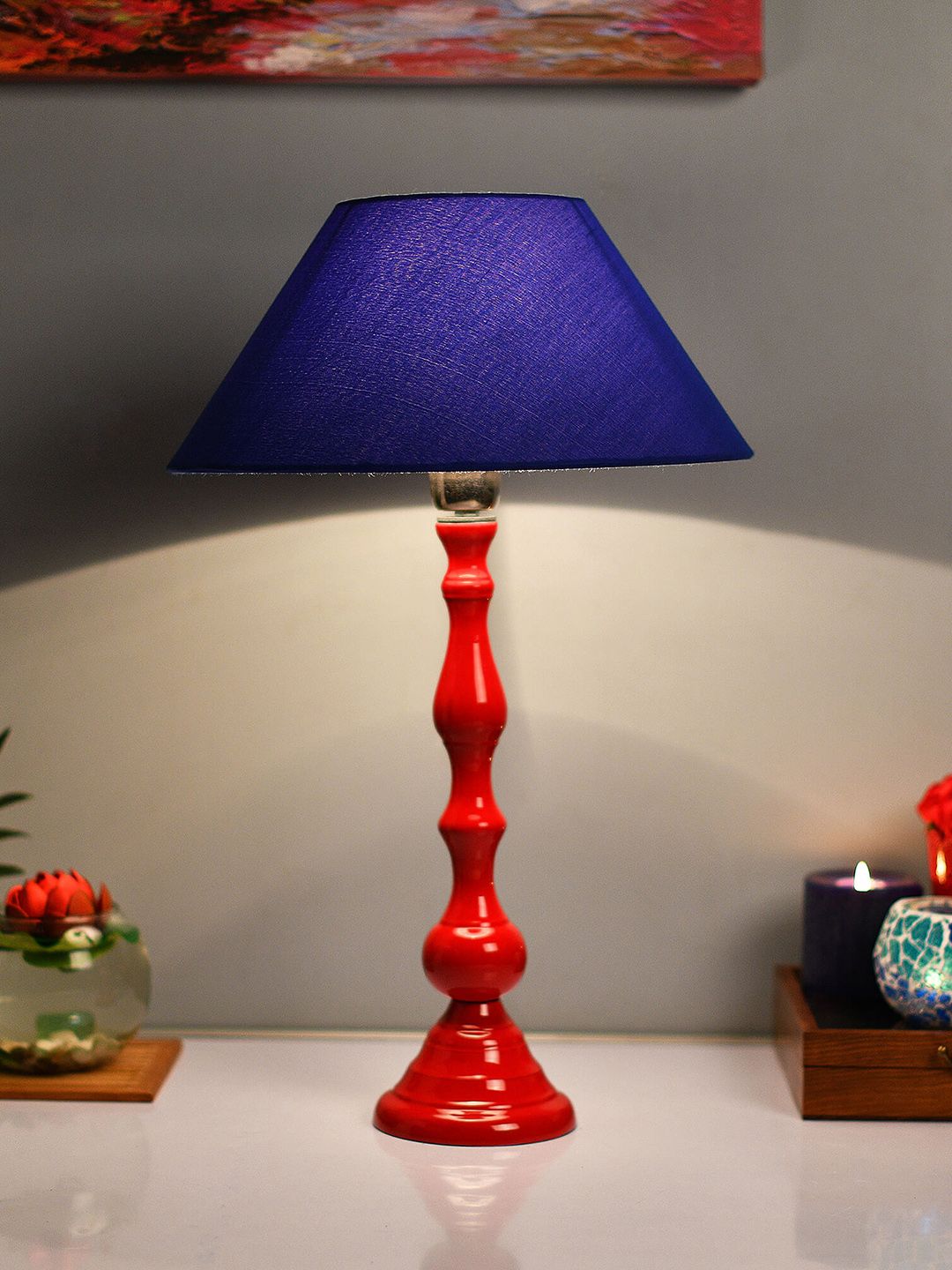 Homesake Red & Blue Solid Teardrop Aluminium Handcrafted Table Lamp with Shade Price in India