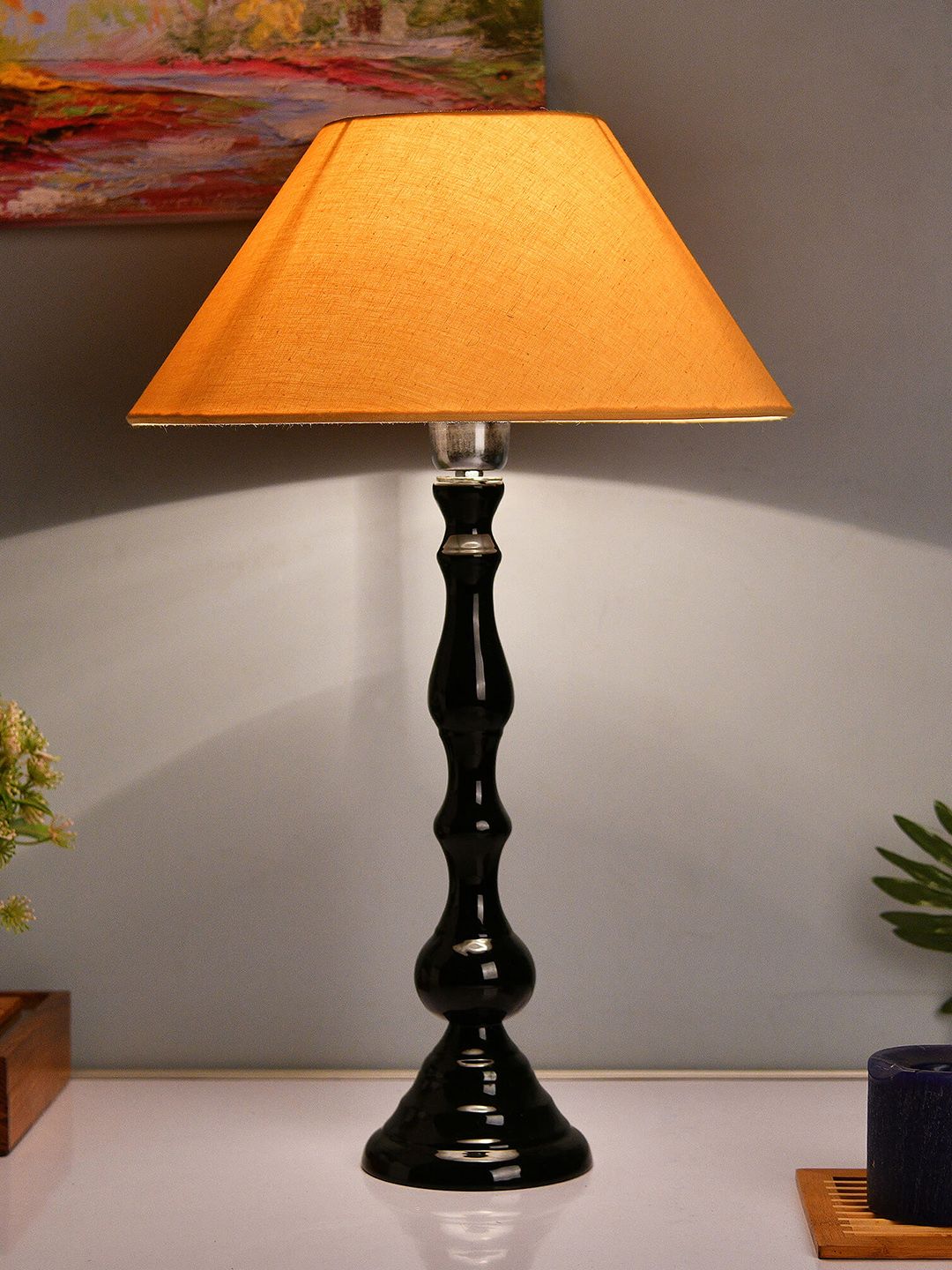Homesake Black & Off-White Solid Handcrafted Bedside Standard Table Lamp Price in India