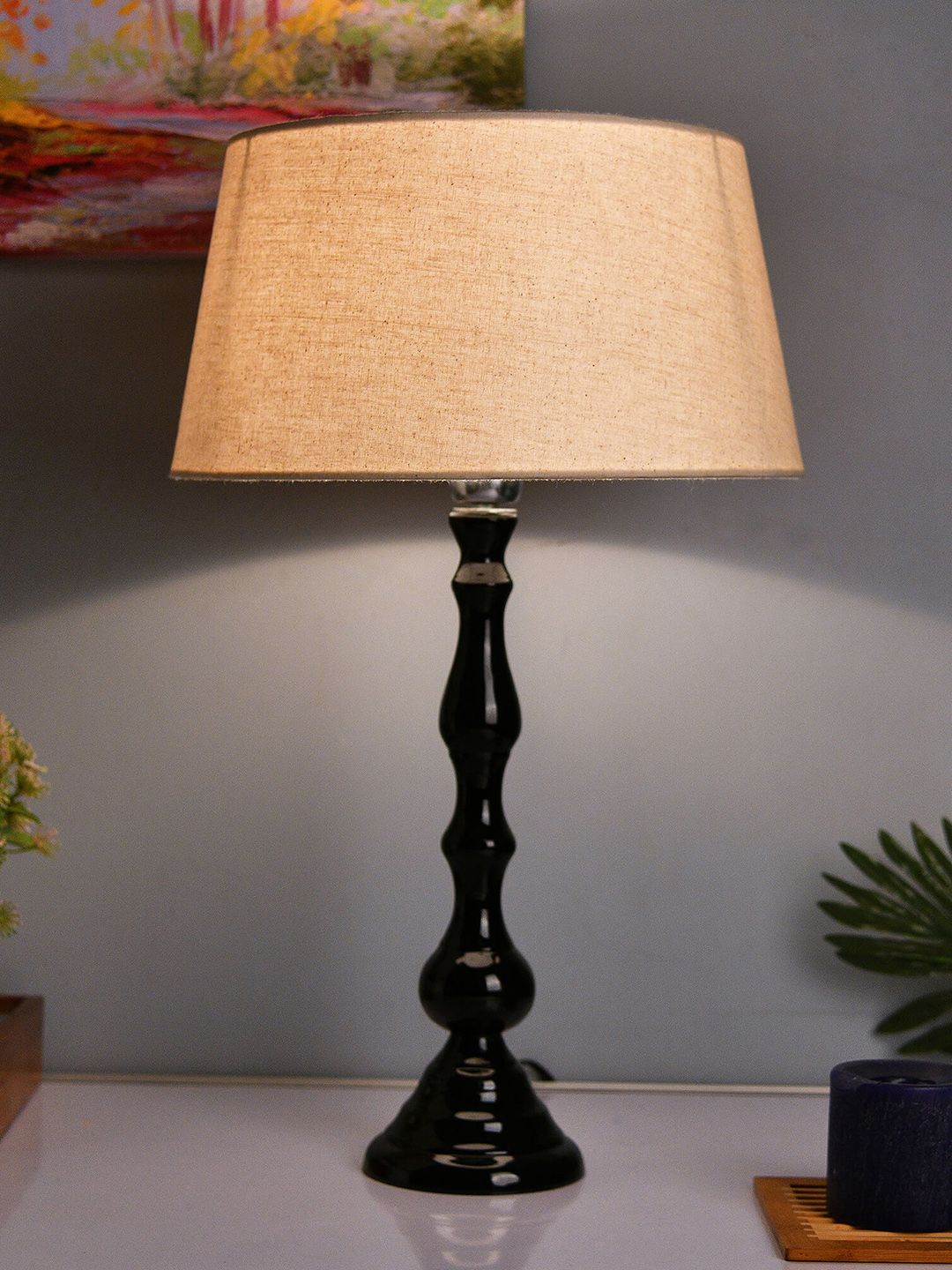 Homesake Black & Off-White Solid Teardrop Handcrafted Table Lamp with Shade Price in India