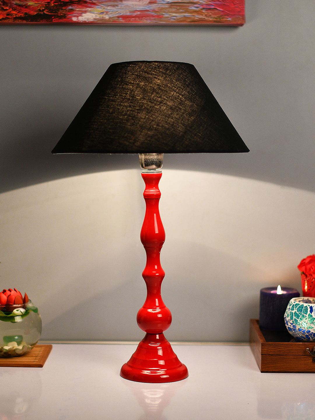 Homesake Red & Black Solid Handcrafted Bedside Standard Table Lamp with Shade Price in India