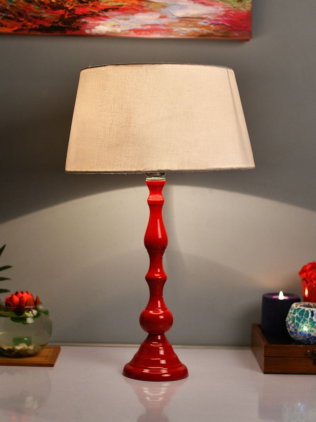 Homesake Red & White Solid Bedside Standard Table Lamp with Shade Price in India