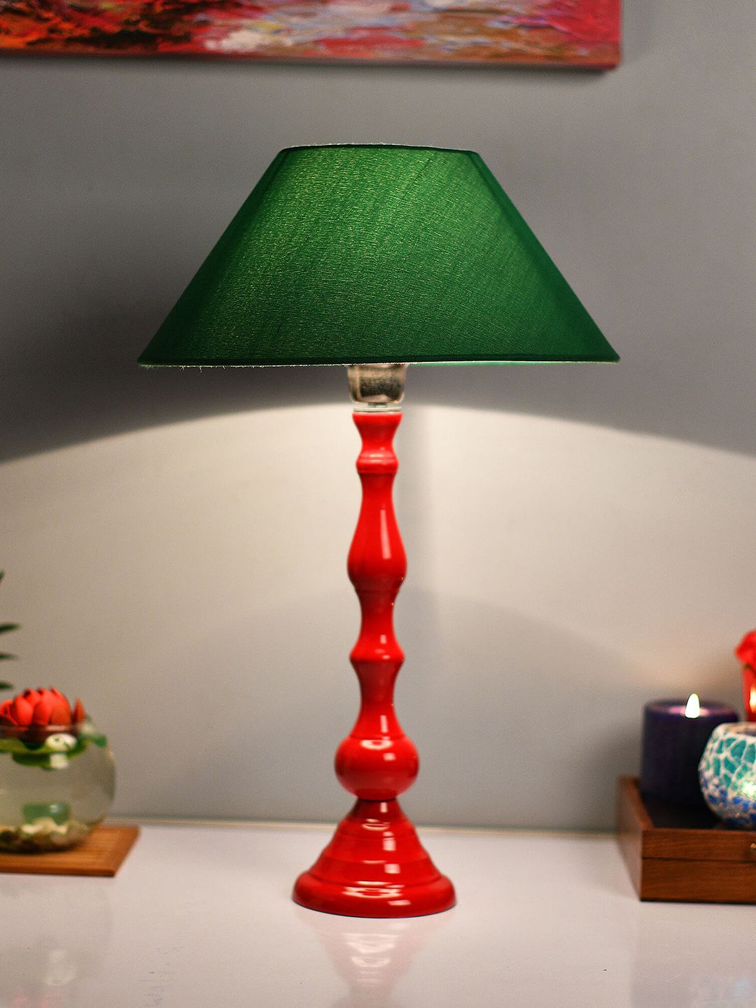 Homesake Red & Green Solid Teardrop Handcrafted Table Lamp with Shade Price in India