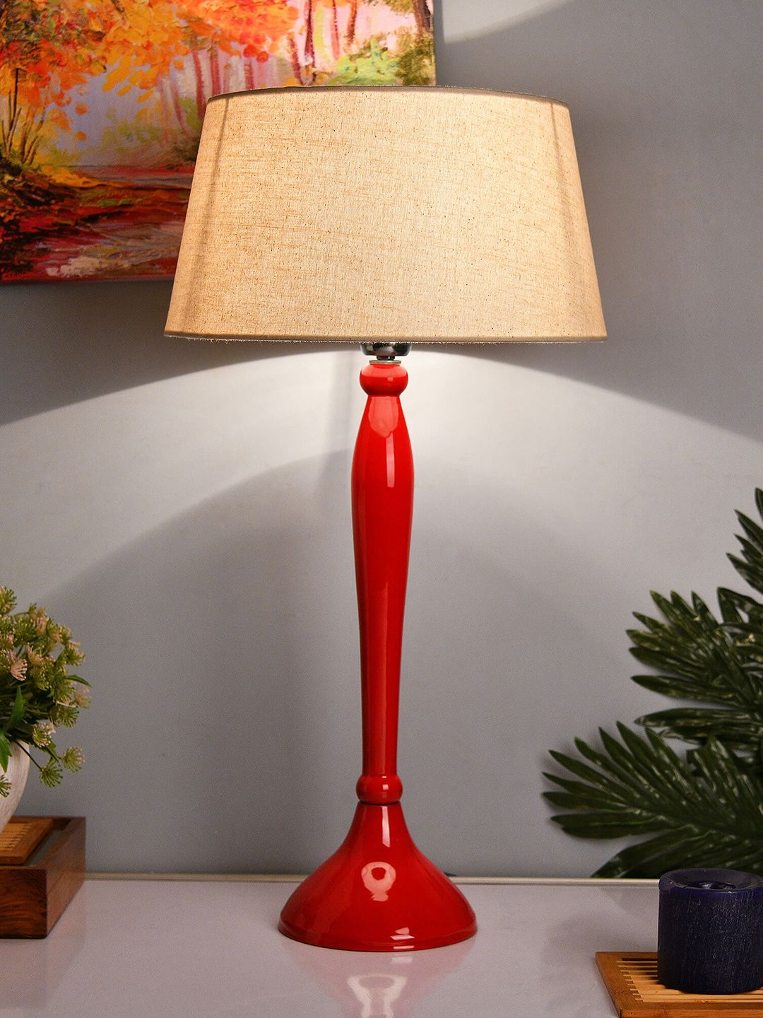 Homesake Red & White Solid Handcrafted Bedside Standard Table Lamp with Shade Price in India