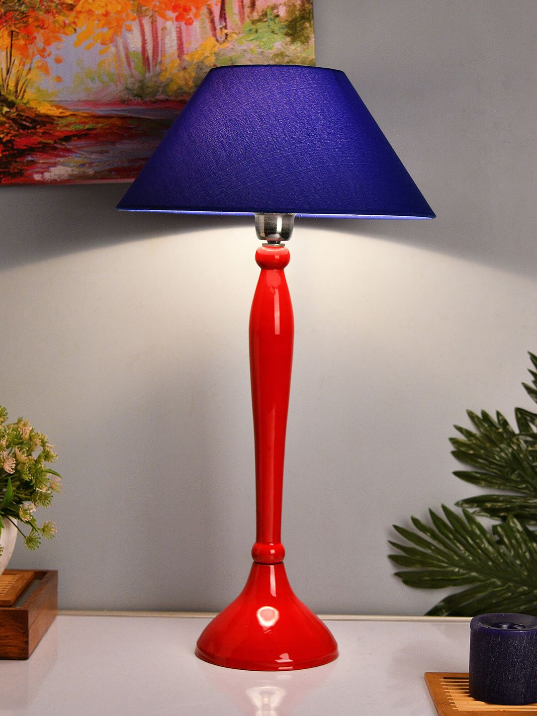 Homesake Red & Blue Royal Ovoid Solid Handcrafted Table Lamp with Shade Price in India