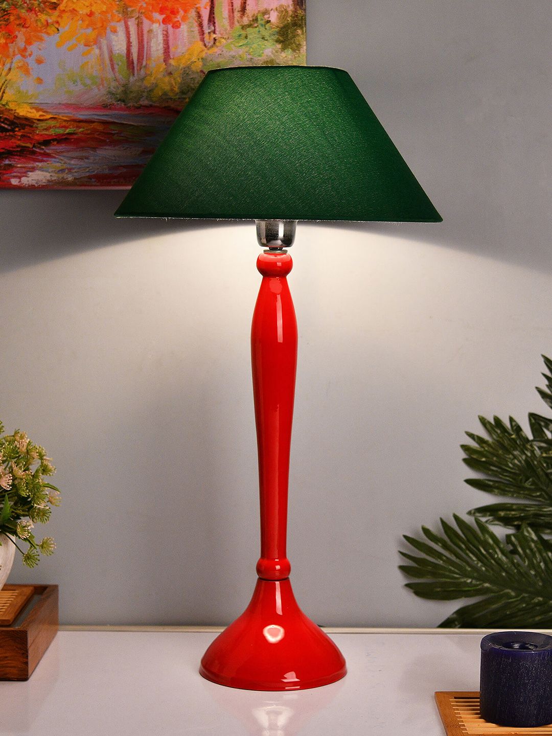 Homesake Red & Green Solid Handcrafted Bedside Standard Table Lamp with Shade Price in India