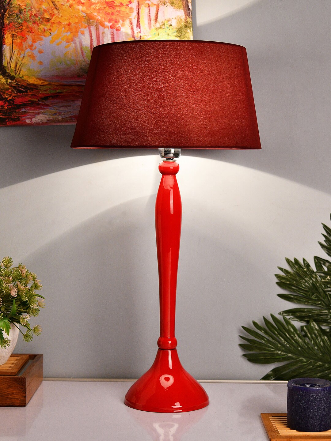 Homesake Red Solid  Royal Ovoid Handcrafted Table Lamp with Shade Price in India