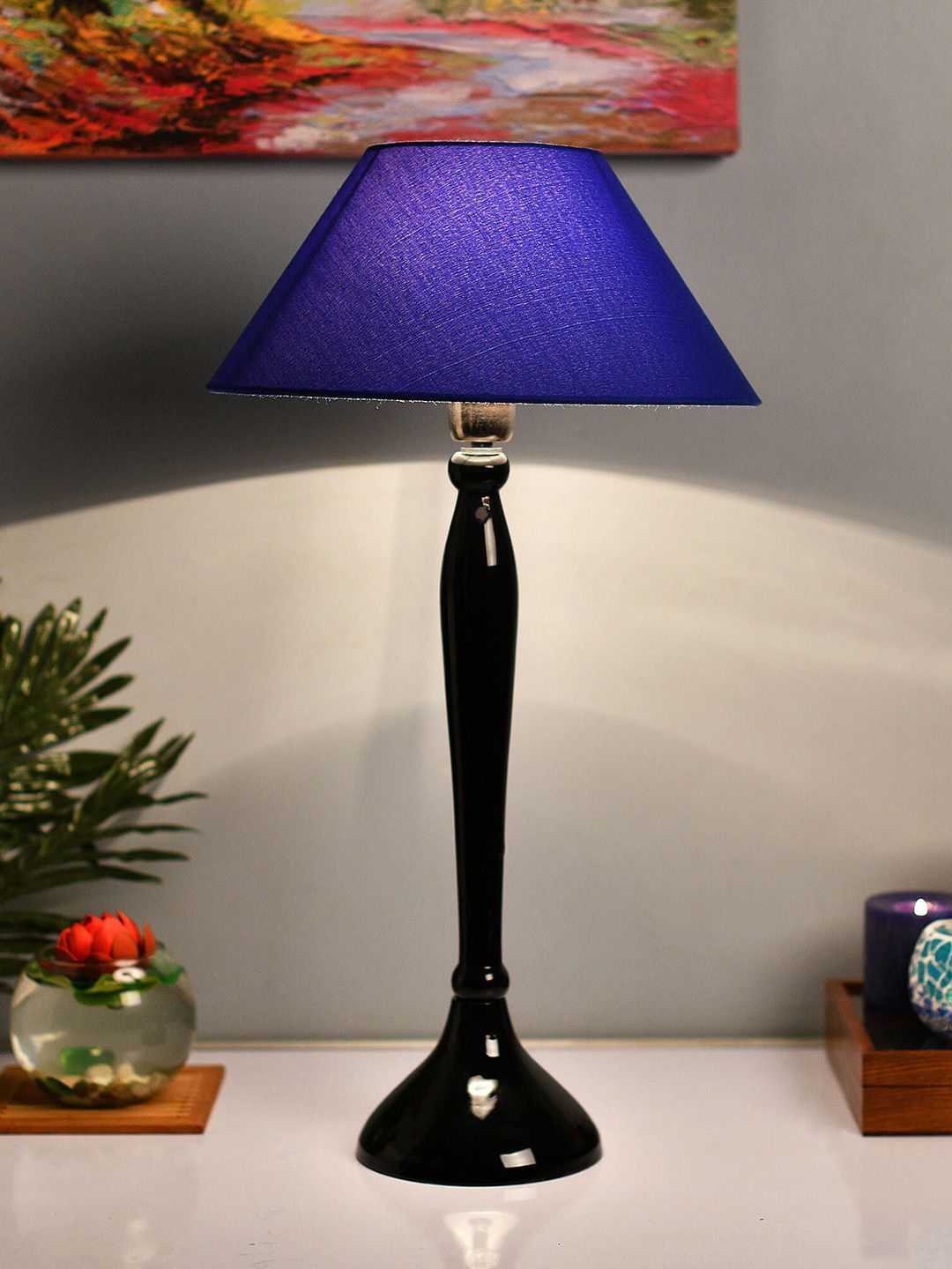 Homesake Black & Blue Solid Royal Ovoid Handcrafted Table Lamp with Shade Price in India