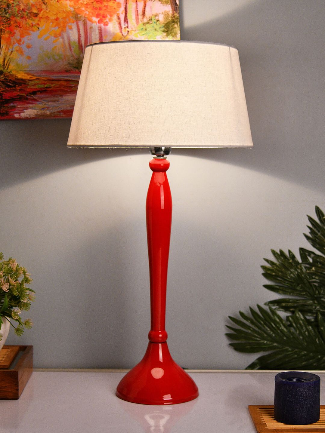 Homesake Red & White Solid Royal Ovoid Handcrafted Table Lamp with Shade Price in India