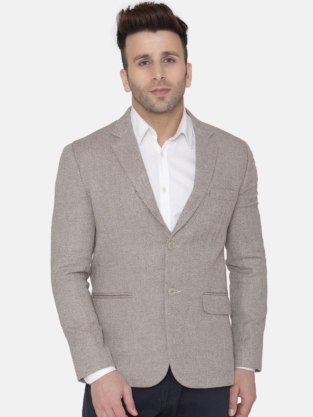 Wintage Men Beige Self Design Regular-Fit Single-Breasted Blazer