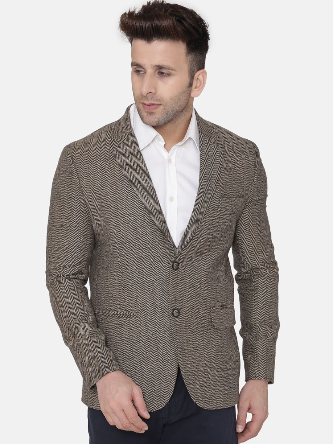 Wintage Men Brown Self Design Regular-Fit Single-Breasted Blazer