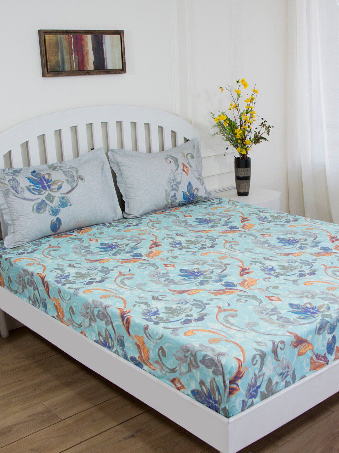 GM Blue Floral 180 TC Cotton 1 King Bedsheet with 2 Pillow Covers Price in India