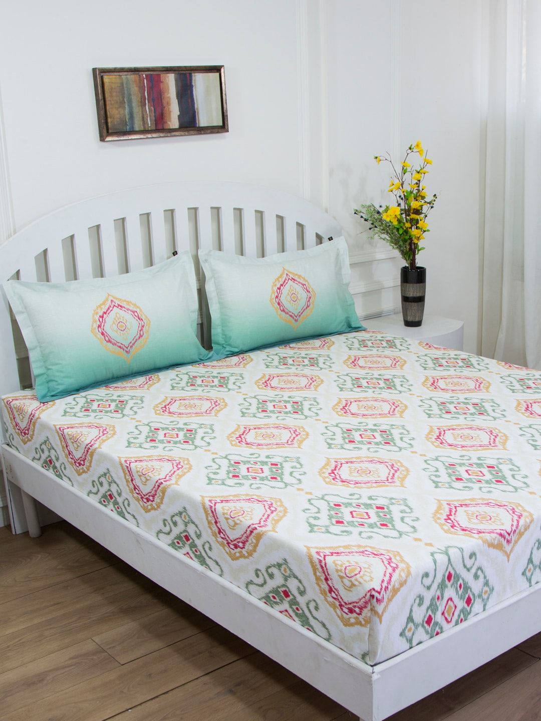 GM Sea Green & White Ethnic Motifs 144 TC Cotton 1 King Bedsheet with 2 Pillow Covers Price in India