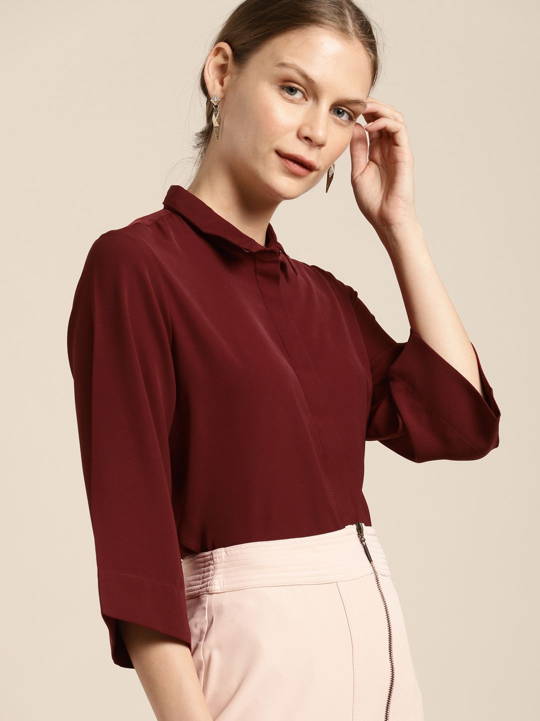 her by invictus Women Maroon Regular Fit Solid Smart Casual Shirt