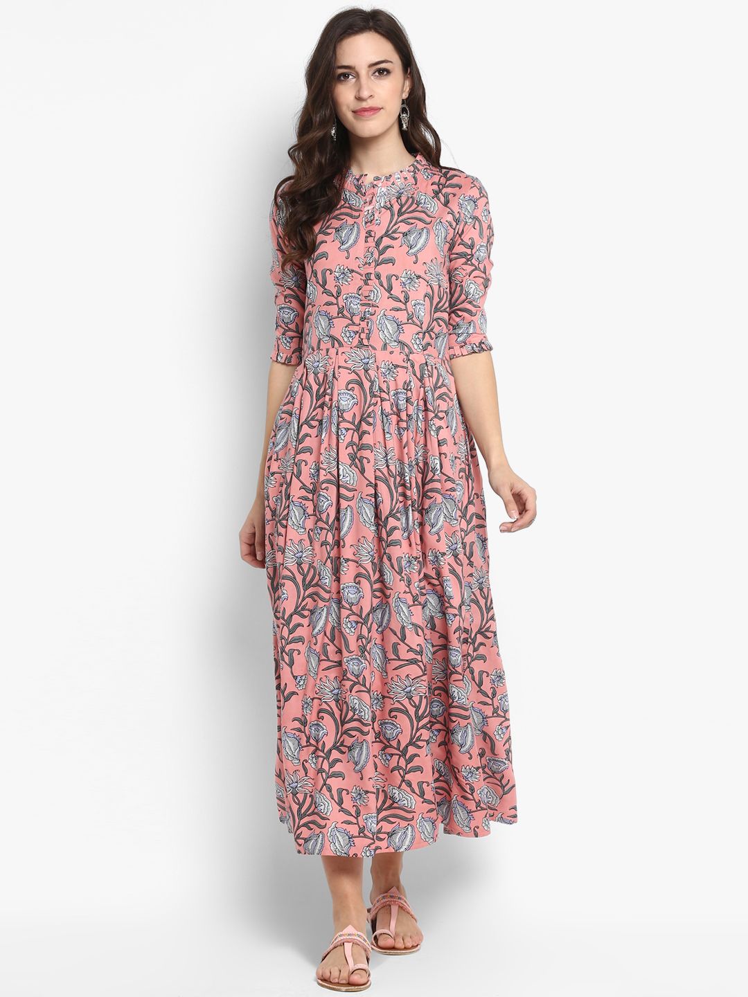 Meeranshi Peach-Coloured Floral Printed Maxi Dress Price in India