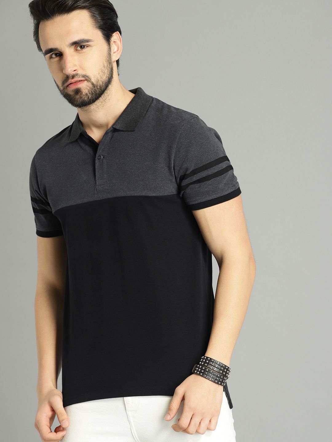 The Roadster Lifestyle Co Men Charcoal Grey Black Colourblocked Polo