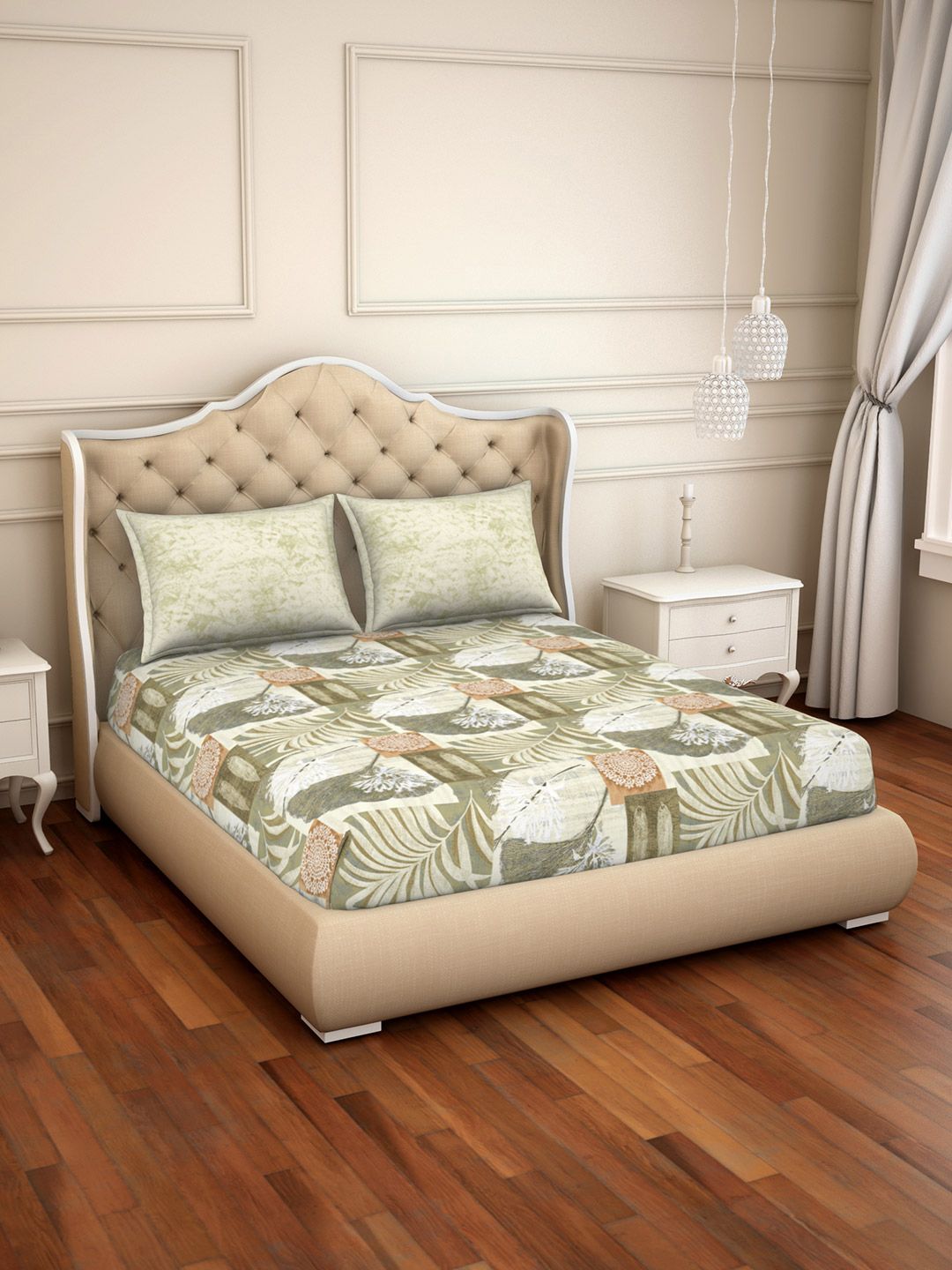 SPACES Green & Beige Floral 144 TC Cotton 1 Queen Bedsheet with 2 Pillow Covers Price in India