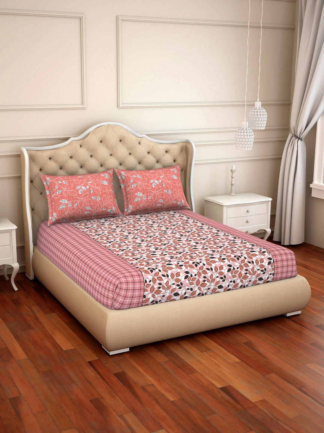 SPACES Pink Floral 144 TC Cotton 1 Queen Bedsheet with 2 Pillow Covers Price in India