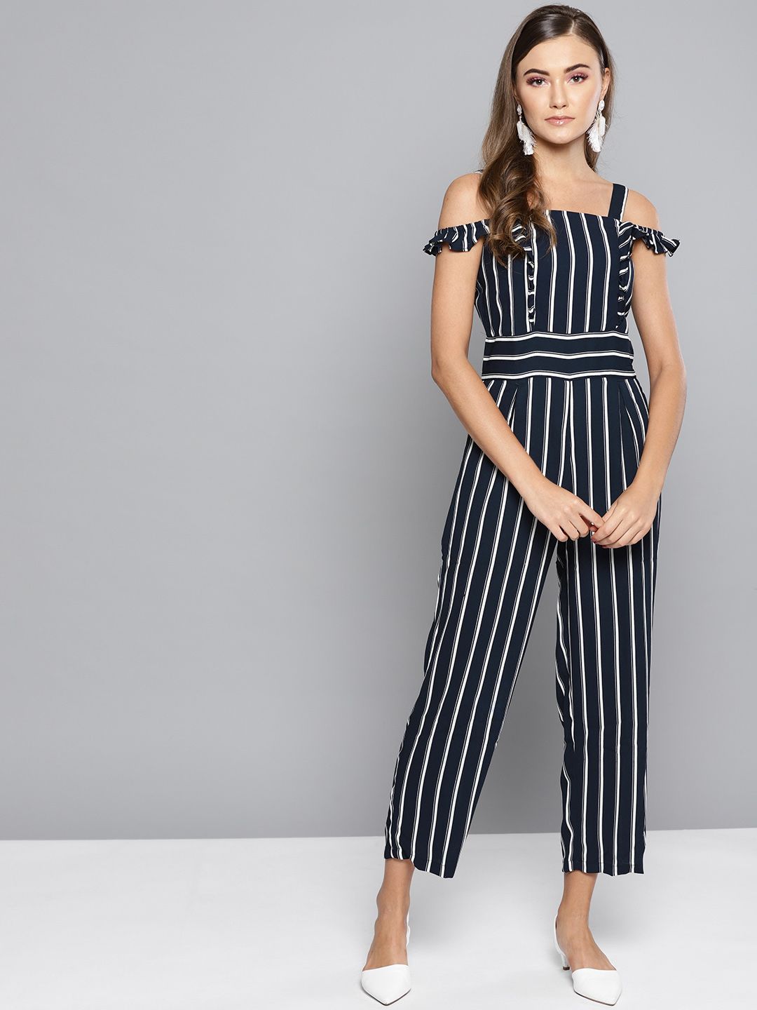 RARE Navy Blue & White Striped Cropped Bardot Jumpsuit Price in India