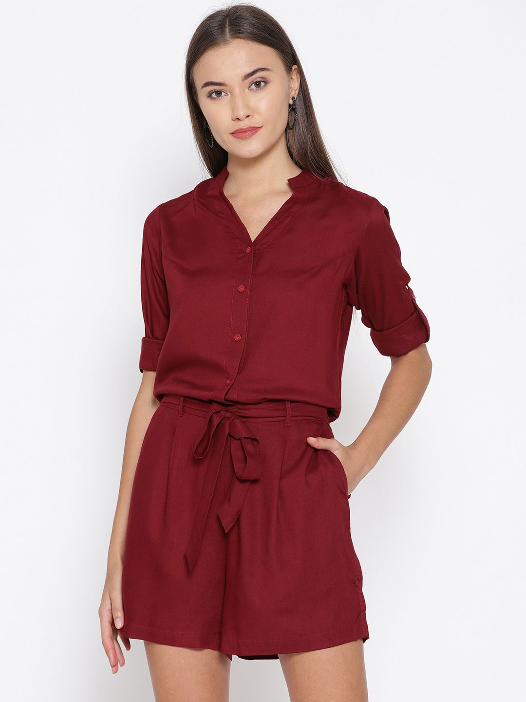 MABISH by Sonal Jain Women Maroon Solid Playsuit Price in India