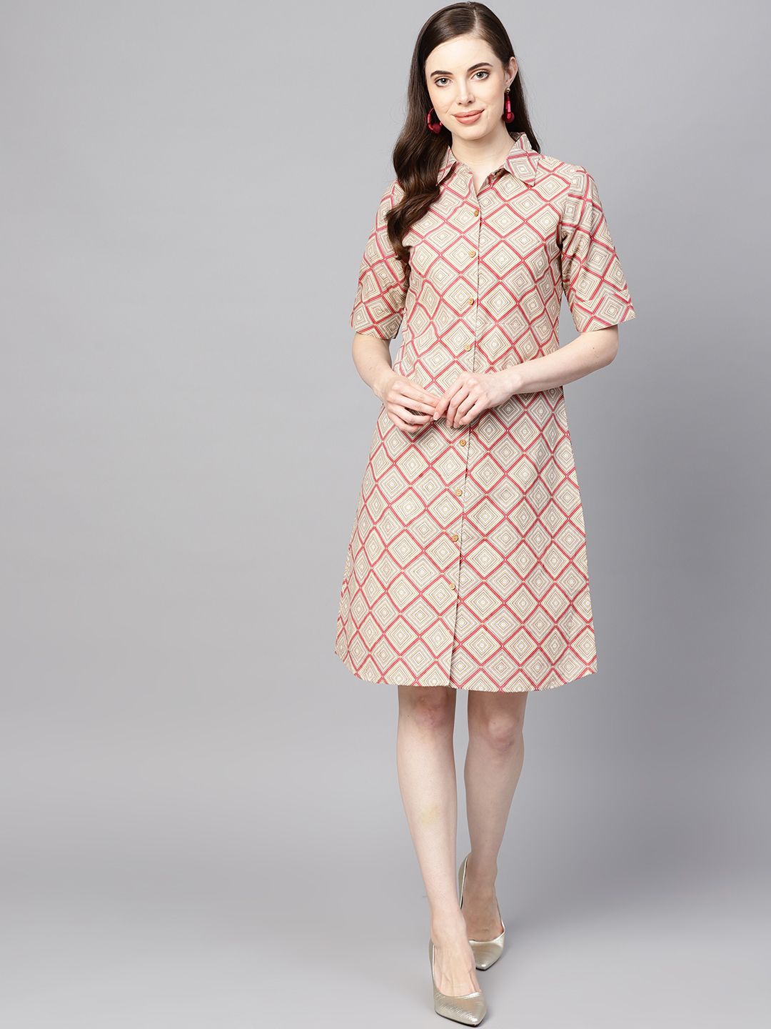 anayna Women Beige & Pink Printed Shirt Dress Price in India