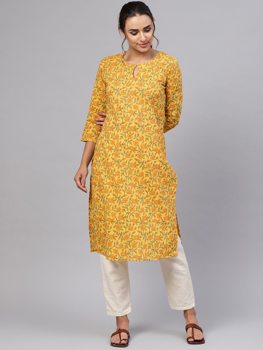 anayna Women Yellow & Green Floral Print Straight Kurta Price in India