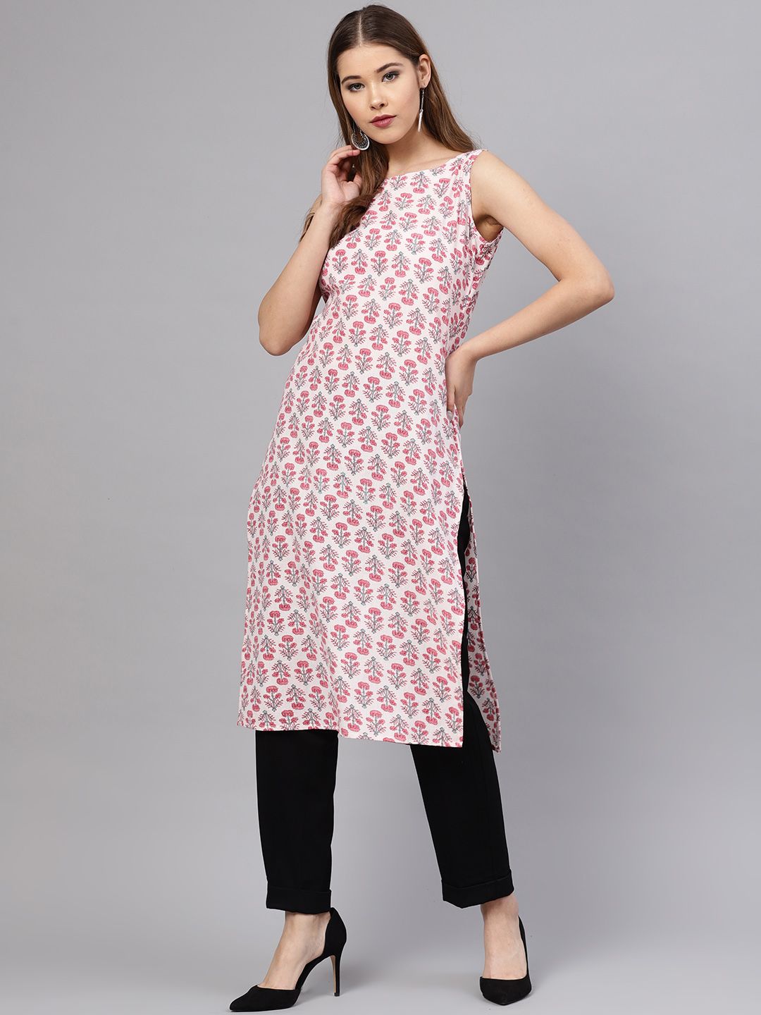 anayna Women Pink Printed Straight Kurta