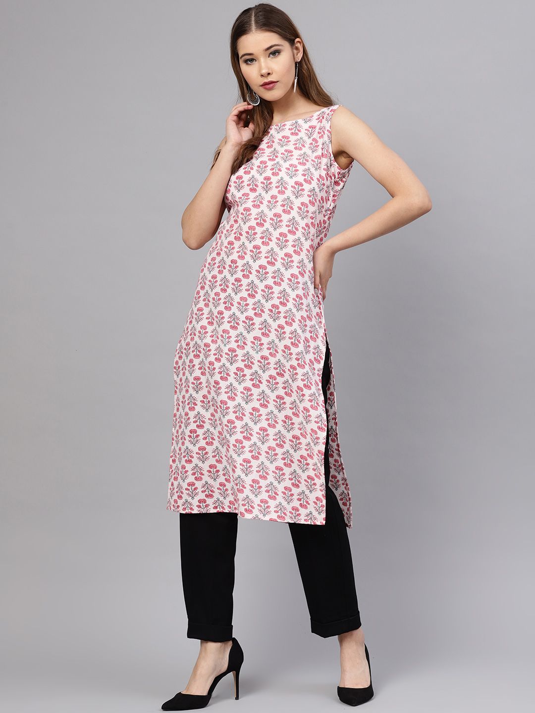 anayna Women Pink Printed Straight Kurta Price in India