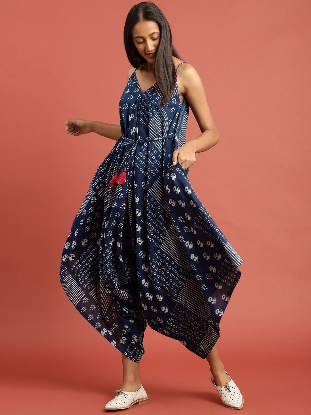 Taavi Women Blue & White Indigo Hand Block Print Sustainable Jumpsuit with Loose Legs & Tie-Ups Price in India