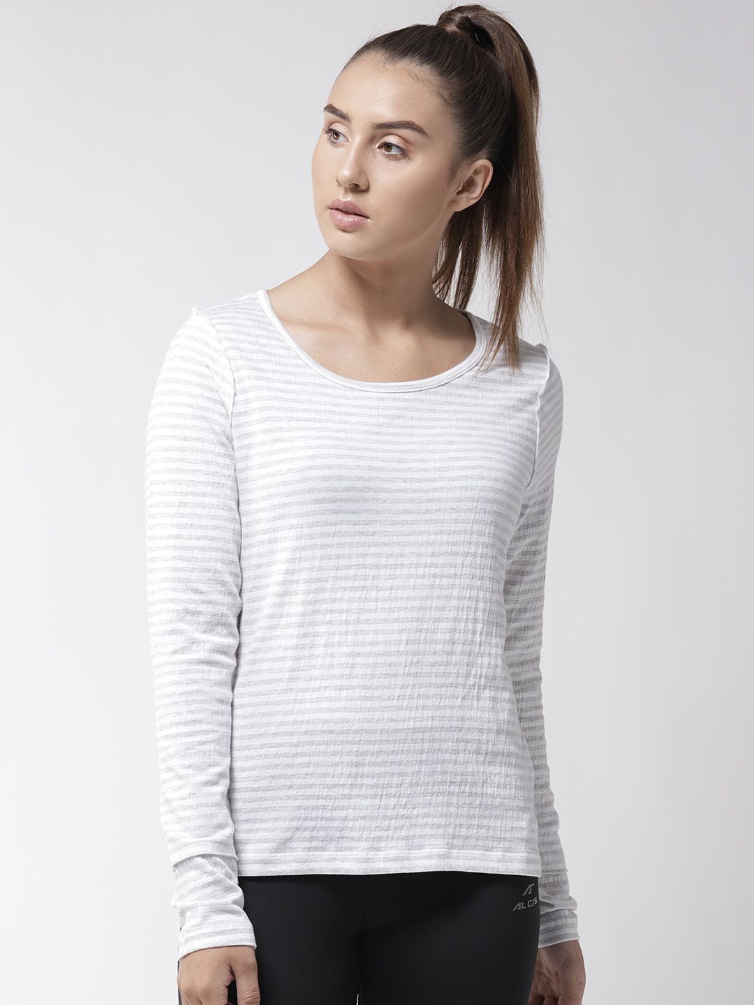 Alcis Women White & Grey Slim Fit Striped Round Neck Yoga T-shirt Price in India