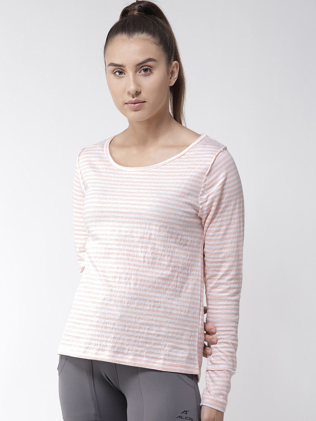 Alcis Women White & Peach-Coloured Slim Fit Striped Round Neck Yoga T-shirt Price in India