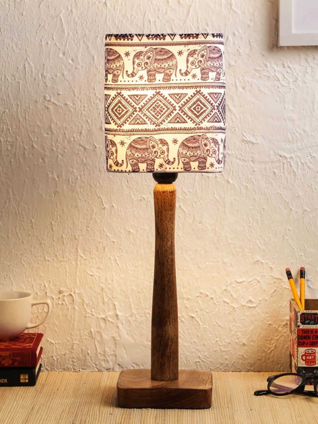 green girgit Brown Warli Art Printed Table Lamp with Shade Price in India