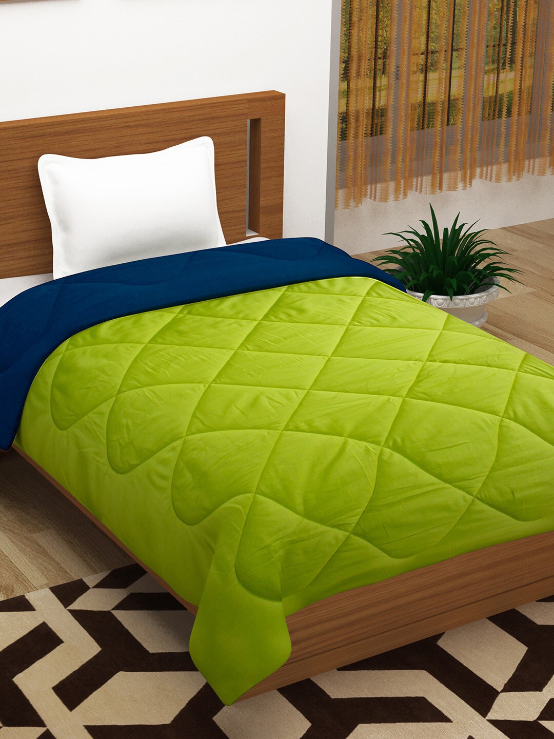 Story@home Lime Green Navy Blue Solid AC Room 200 GSM Single Bed Comforter Price in India