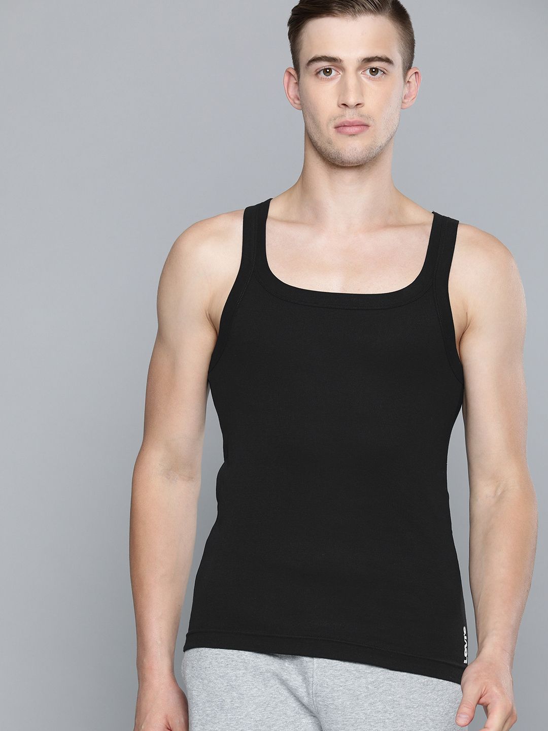 Levis Men Solid Square Neck Sleeveless Pure Cotton Rib Easy Tuck Sports Vest