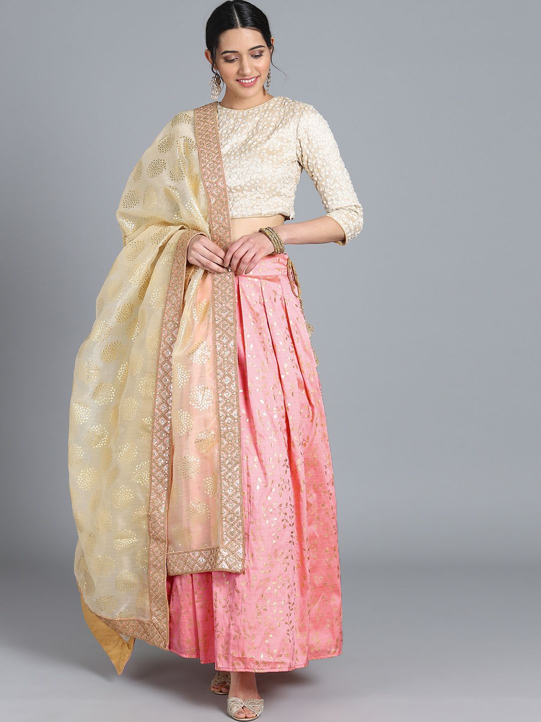 EthnoVogue Pink & Off-White Printed Made to Measure Lehenga & Blouse with Dupatta Price in India