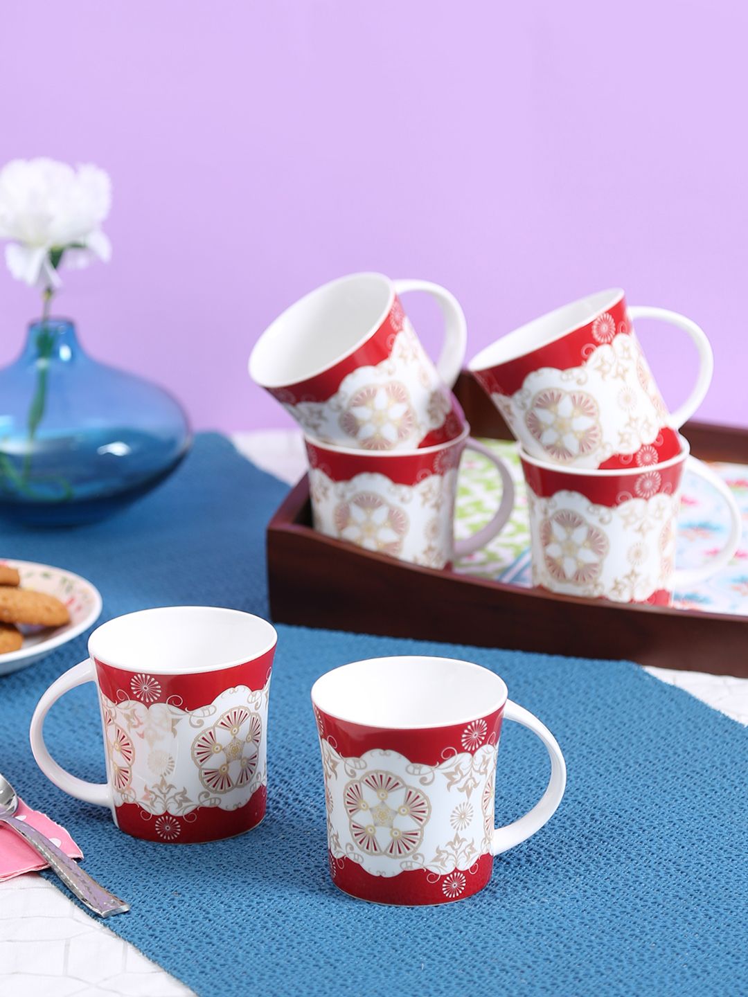 CLAY CRAFT White & Red 6-Pieces Printed Ceramic Cups Set Price in India