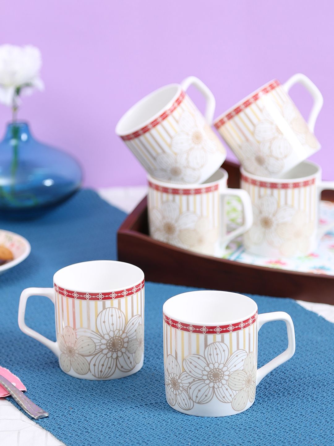 CLAY CRAFT White & Red 6-Pieces Printed Ceramic Cups Set Price in India