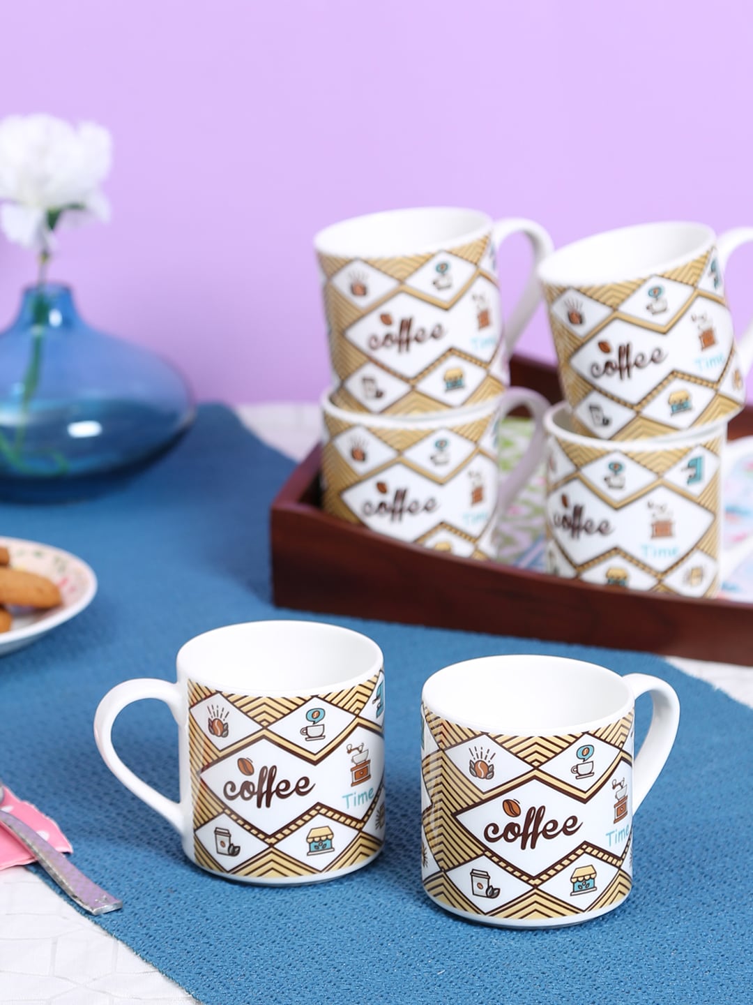 CLAY CRAFT White & Brown 6-Pieces Printed Ceramic Cups Set Price in India