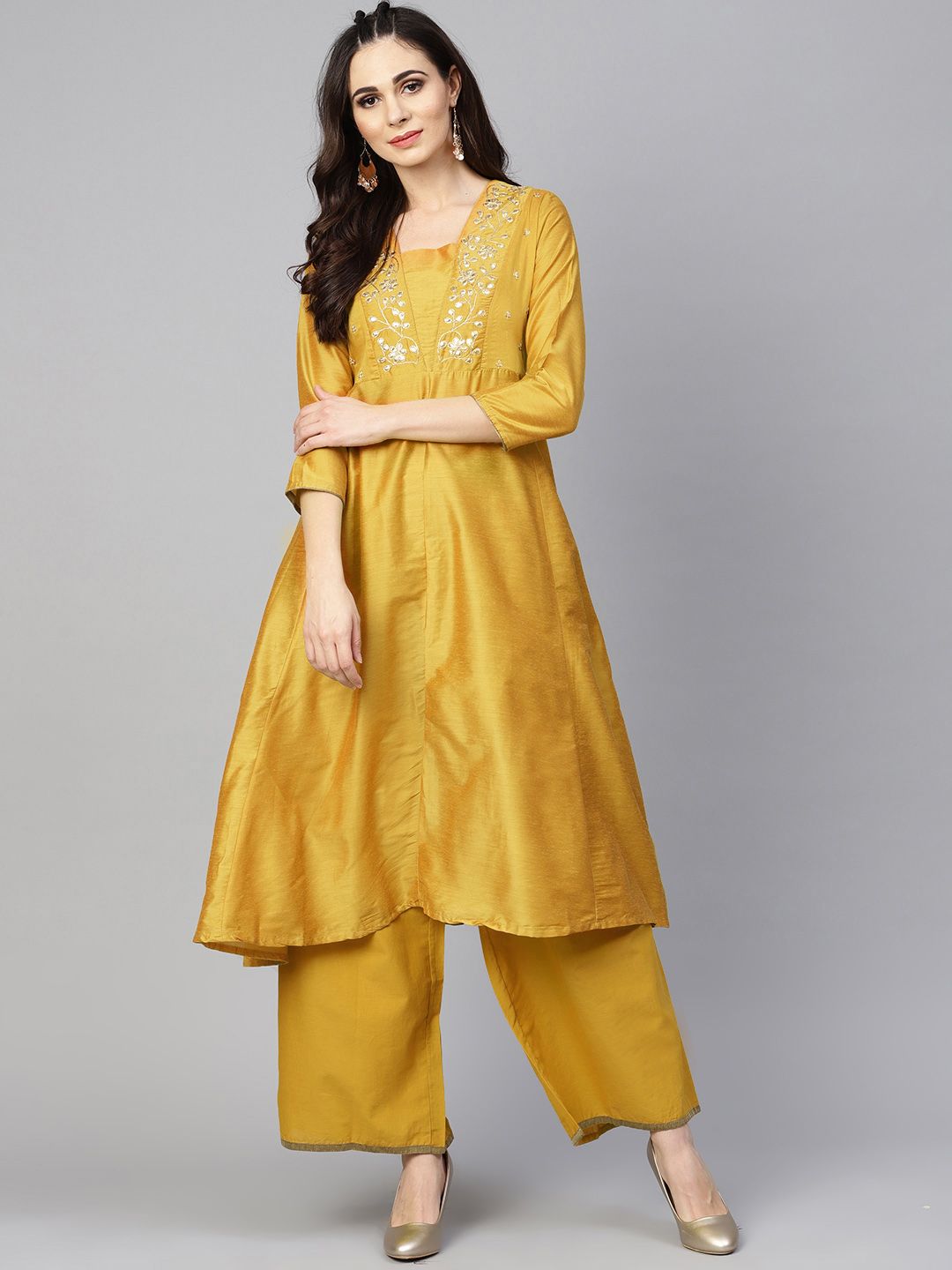 Bhama Couture Women Mustard Yellow Yoke Design Kurta with Palazzos Price in India