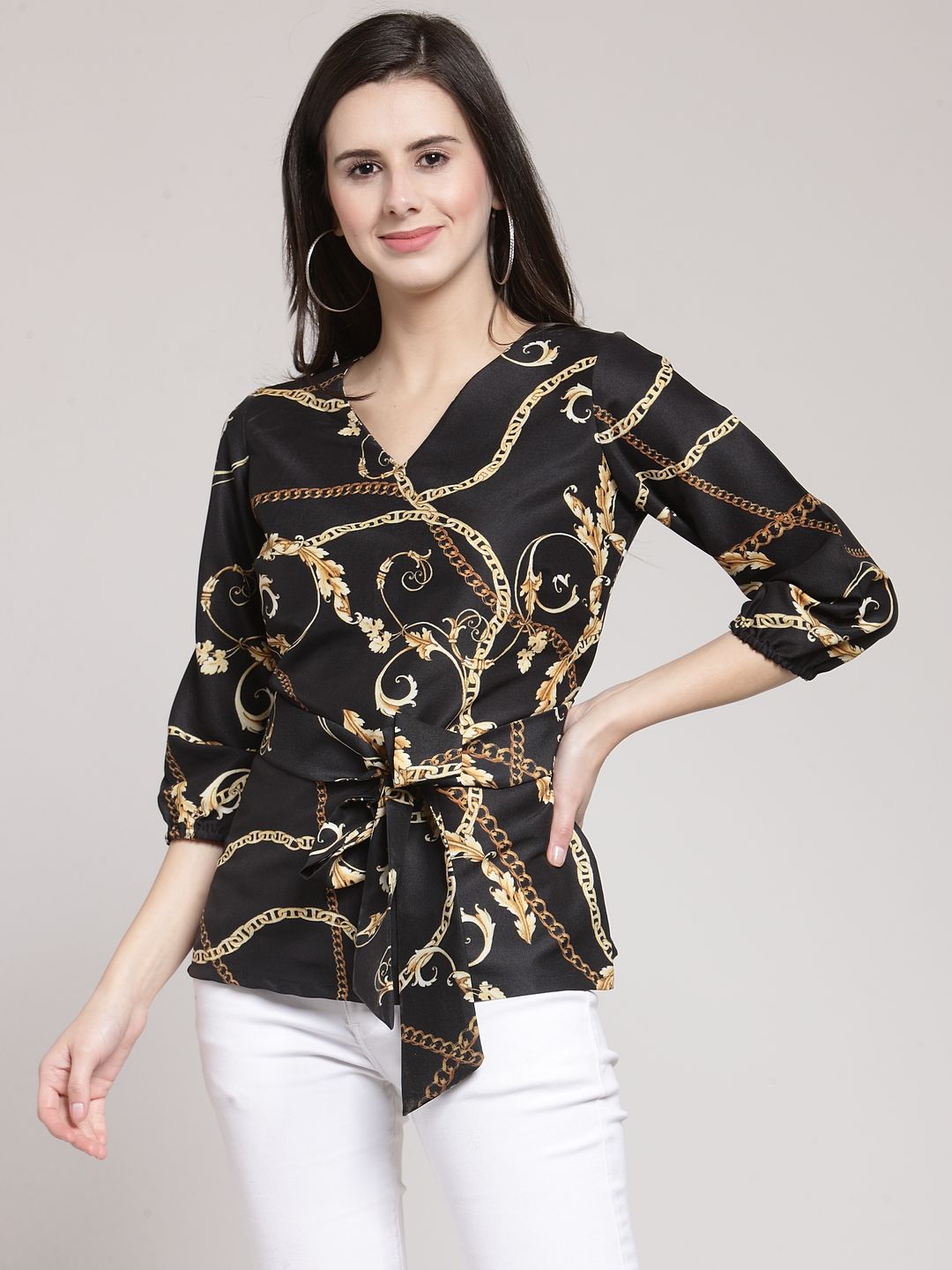 plusS Black Ethnic Motifs Cinched Waist Top Price in India
