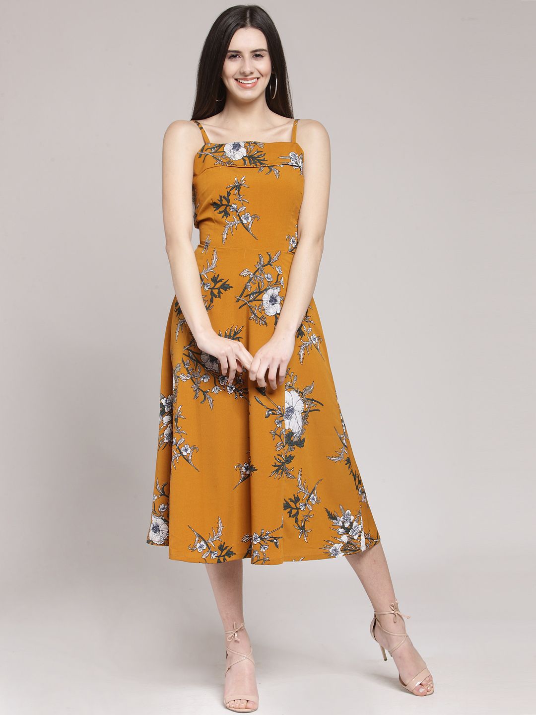plusS Women Mustard Yellow Printed Fit and Flare Dress Price in India