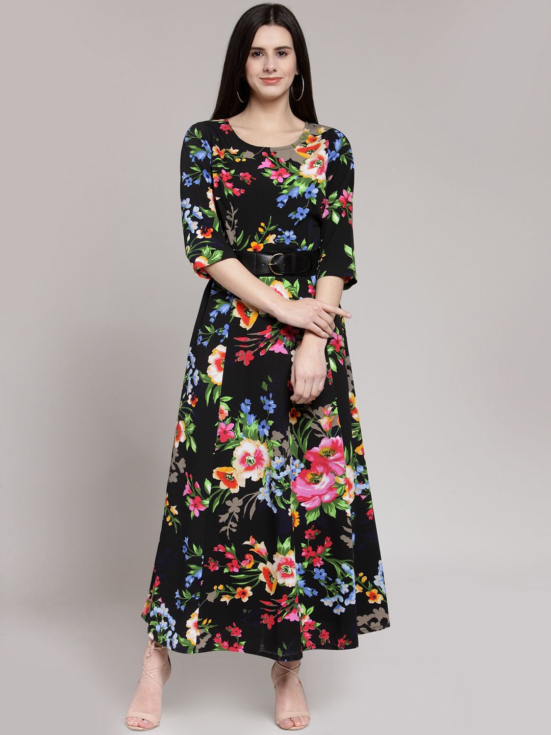 plusS Black Floral Printed Maxi Dress Price in India