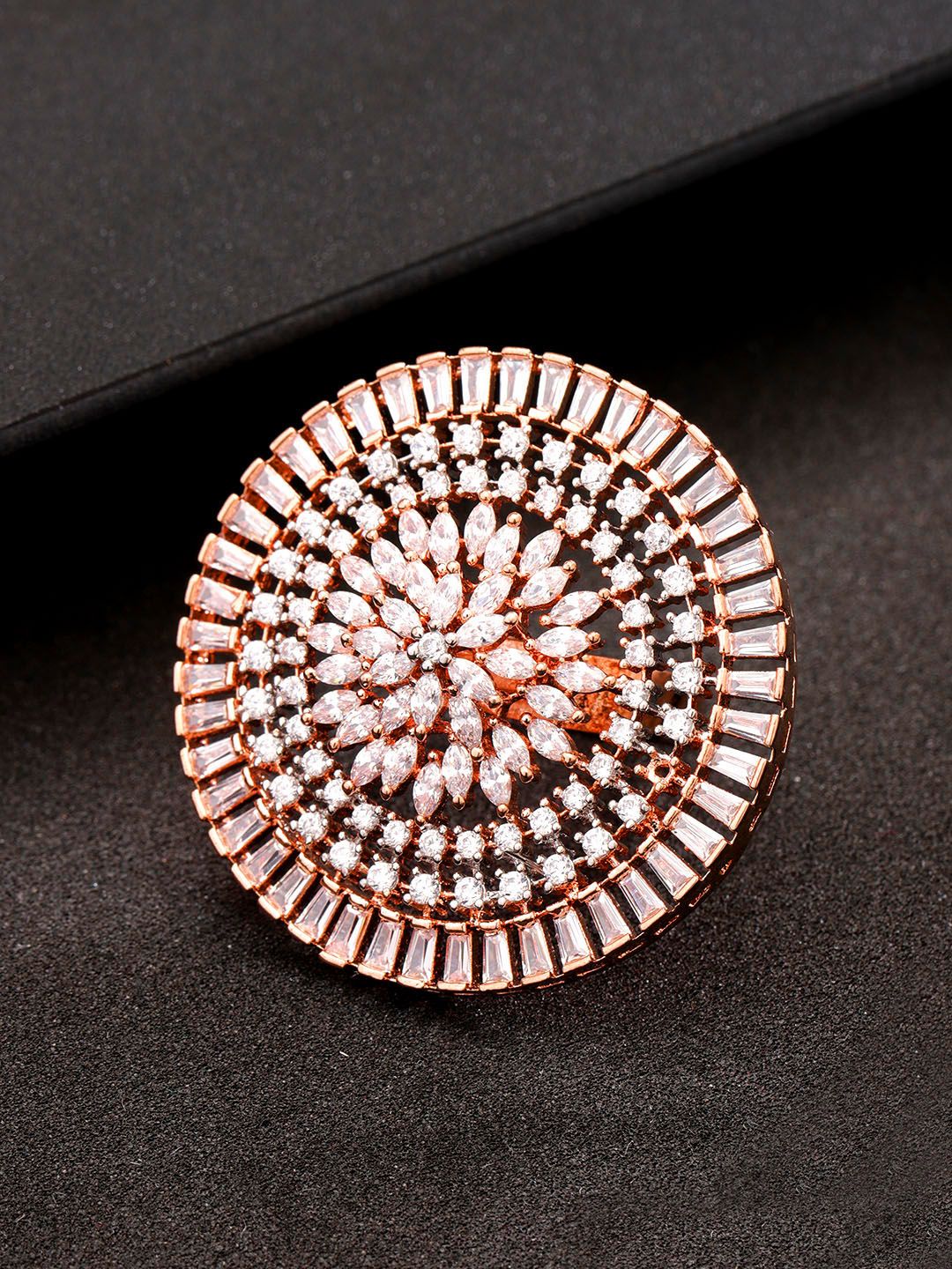 Priyaasi Rose Gold-Plated Handcrafted American Diamond Studded Adjustable Finger Ring Price in India