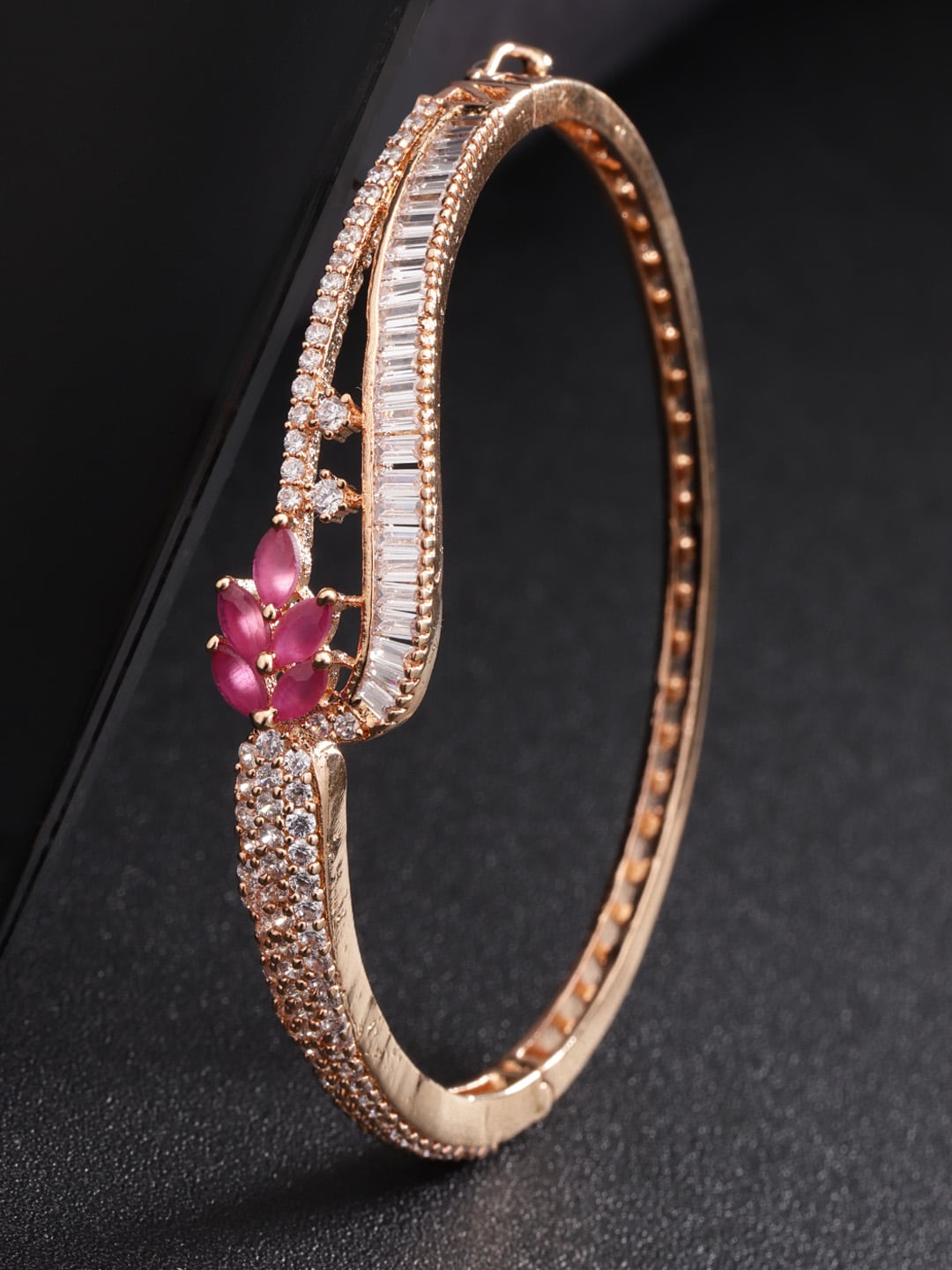Priyaasi Magenta Rose Gold-Plated American Diamond Handcrafted Bangle-Style Bracelet Price in India