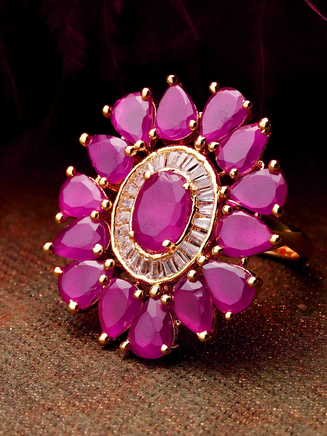 Priyaasi Gold-Plated & Magenta Handcrafted American Diamond Studded Adjustable Finger Ring Price in India