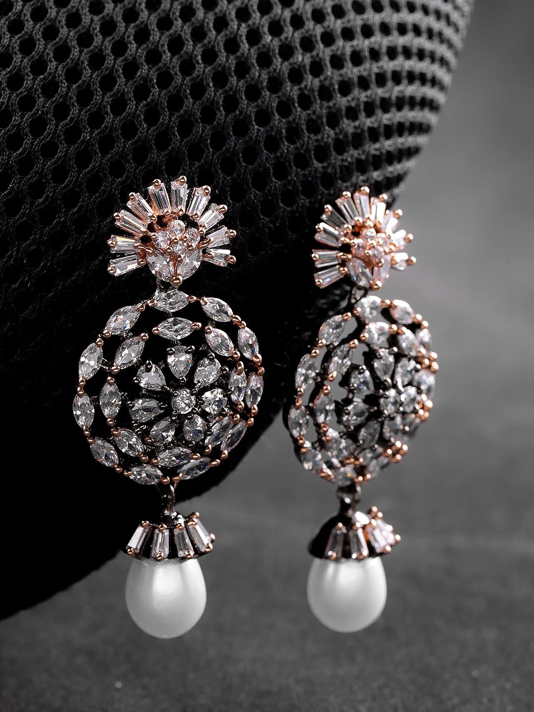 Priyaasi Gunmetal-Toned & Off-White Gold-Plated Contemporary Drop Earrings Price in India