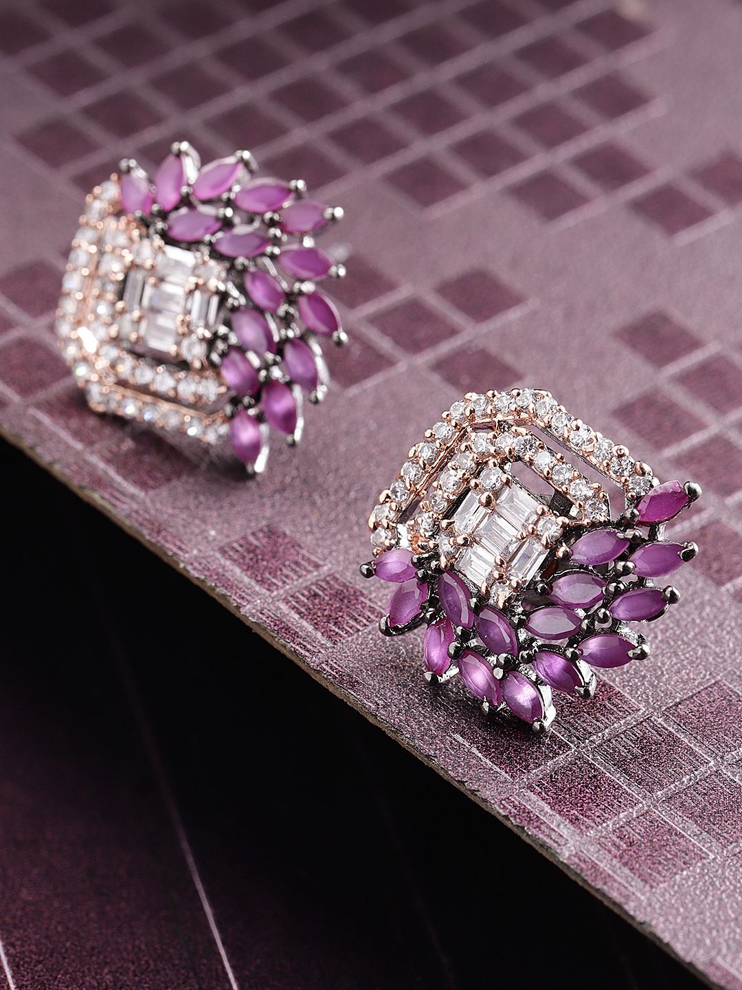 Priyaasi Purple & Gunmetal-Toned Rose Gold-Plated American Diamond-Studded Studs Price in India