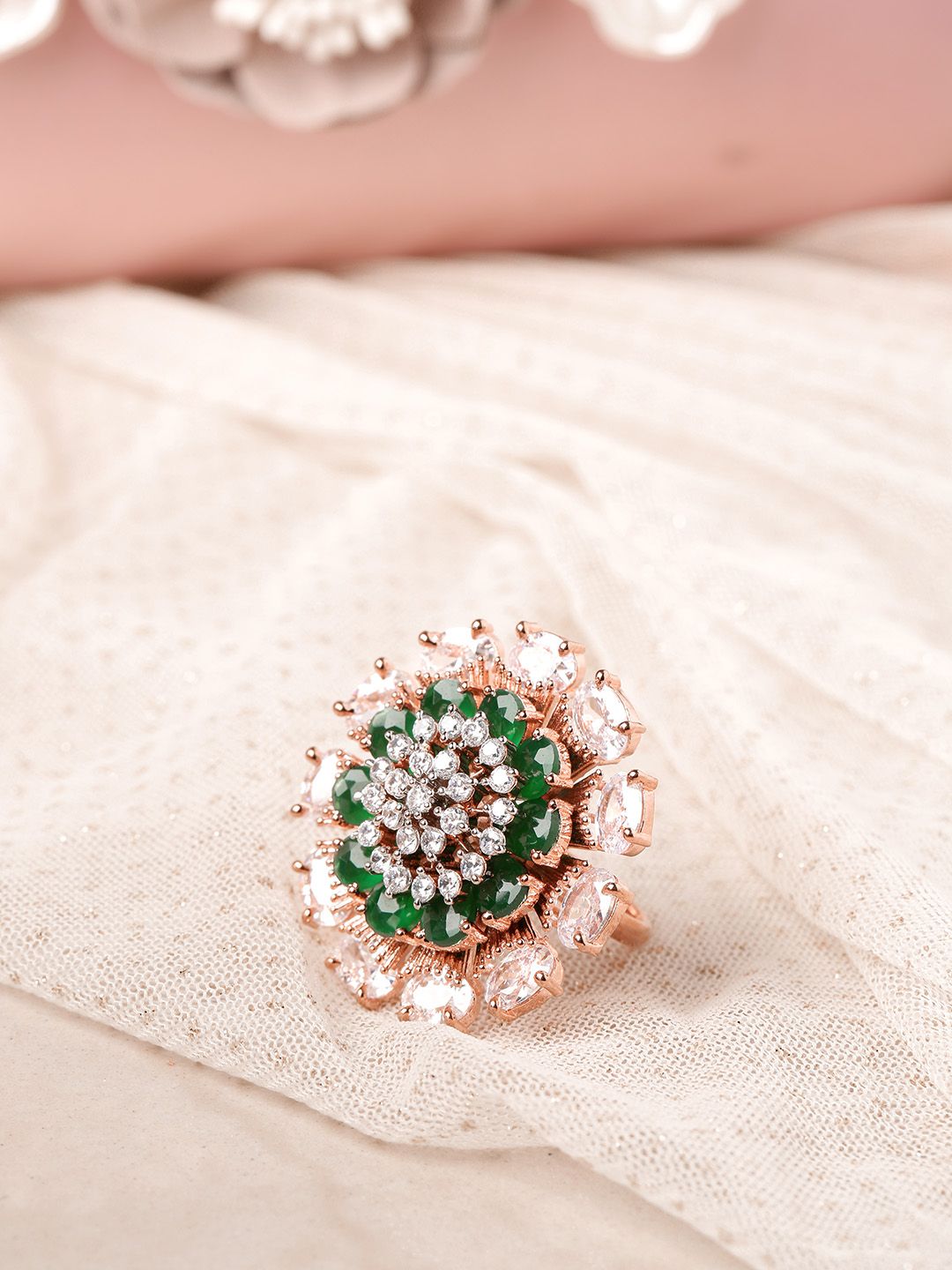 Priyaasi Green Rose Gold-Plated CZ-Studded Floral Handcrafted Adjustable Ring Price in India