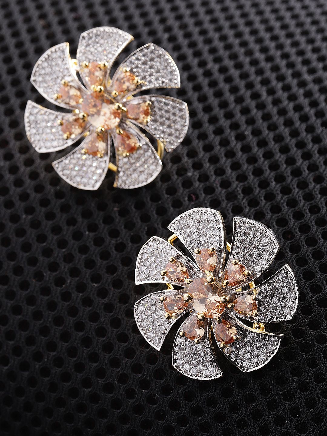 Priyaasi Peach-Coloured Gold-Plated American Diamond Studded Floral Studs Price in India